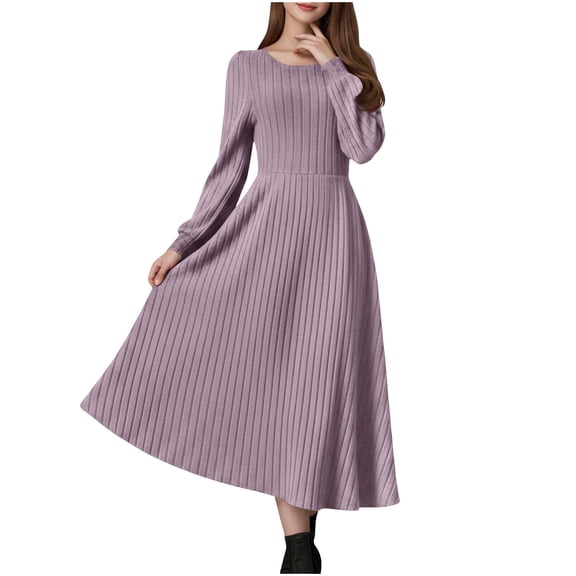 Ecqkame Women's Long Sleeve Sweater Dresses Elegant A Line Flowy Ribbed Knit Ruffled Dresses Fall Going Out Dress Pink XL