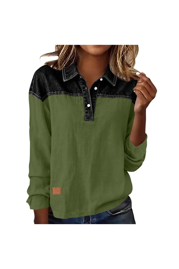 Women's Long Sleeved Cotton Linen Shirts Collared Button Color Block Casual Loose Pullover Blouses Tops Green S