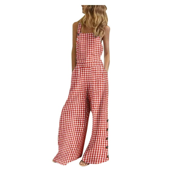 Ecqkame Women's Loose Baggy Linen Cotton Summer Overalls Jumpsuits Casual Sleeveless Overalls Jumpsuit Casual Plaid Printed Summer Wide Leg Bib Pants Red XXXL Clearance Items