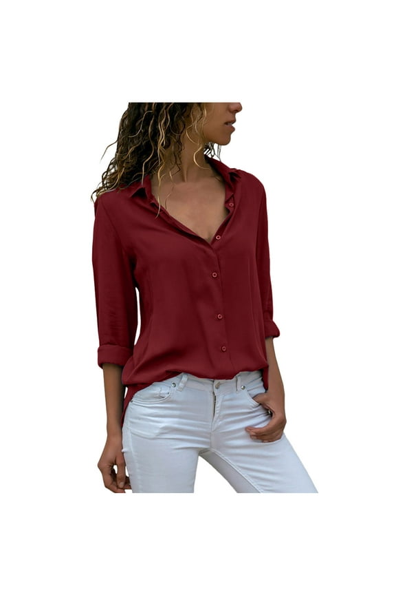 Women's Loose Lapel Button Casual Shirts Long/Roll Up Sleeve Lightweight Collared Blouse Tops Wine XXXXL