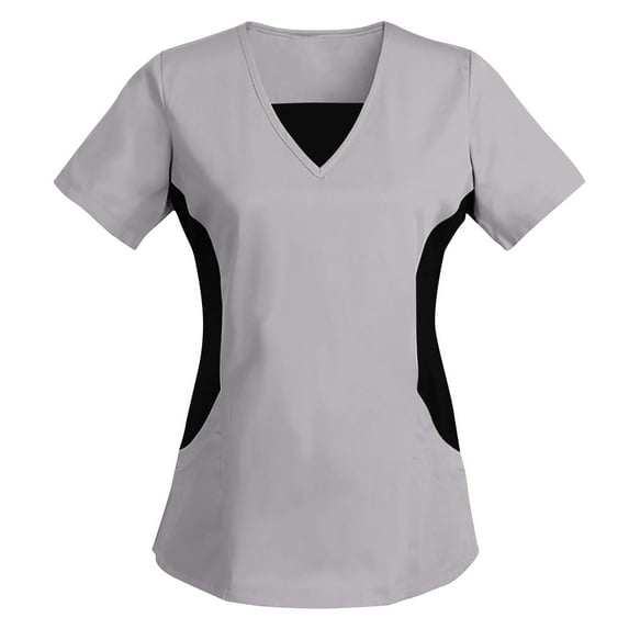 Ecqkame Women's Medical Scrub Tops Fashion Color Block V Neck Short Sleeve T-Shirt Stretchy Tummy Control Work Blouse Gray S