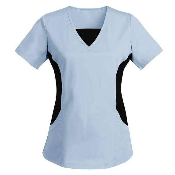 Ecqkame Women's Medical Scrub Tops Fashion Color Block V Neck Short Sleeve T-Shirt Stretchy Tummy Control Work Blouse Light Blue XXL