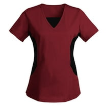 Ecqkame Women's Medical Scrub Tops Fashion Color Block V Neck Short Sleeve T-Shirt Stretchy Tummy Control Work Blouse Wine XL