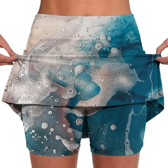 Ecqkame Women's New Floral Print Skorts Elastic Waist Athletic Skorts Knee Length Tennis Bottoming Skirt Pants Blue-A M