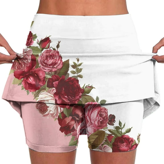 Ecqkame Women's New Floral Print Skorts Elastic Waist Athletic Skorts Knee Length Tennis Bottoming Skirt Pants Pink-B M