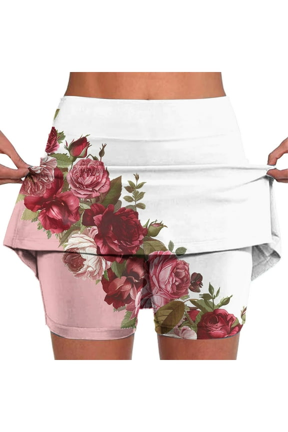 Women's New Floral Print Skorts Elastic Waist Athletic Skorts Knee Length Tennis Bottoming Skirt Pants Pink-B XL