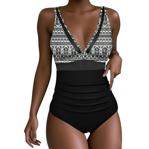 Ecqkame Women's New One Piece Swimsuit Fashion Color Block Bathing Suits Tummy Control Mesh Sheer Tankini Swimsuit Gray-A XXL