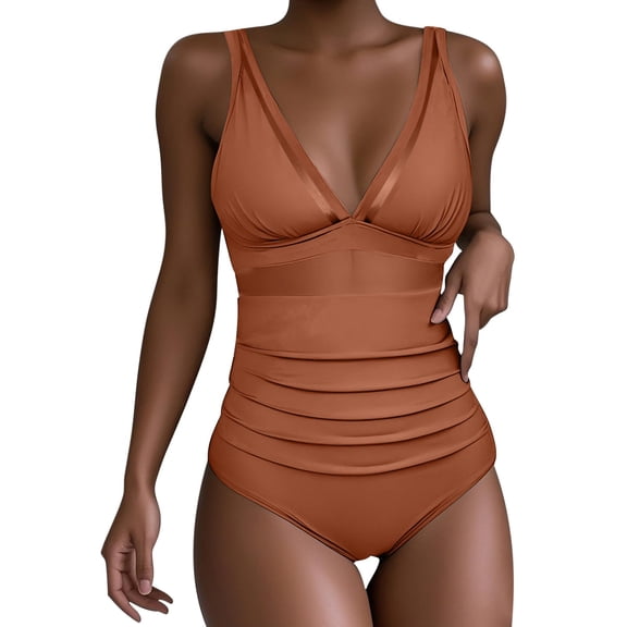 Ecqkame Women's New One Piece Swimsuit Fashion Solid Color Bathing Suits Tummy Control Mesh Sheer Tankini Swimsuit Orange M
