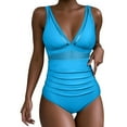 thumbnail image 1 of Ecqkame Women's New One Piece Swimsuit Fashion Solid Color Bathing Suits Tummy Control Mesh Sheer Tankini Swimsuit Sky Blue XL, 1 of 8