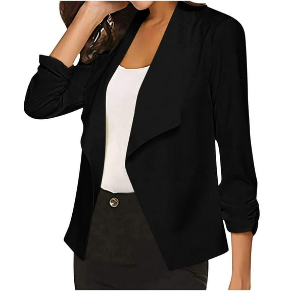 Ecqkame Women's Notch Lapel 3/4 Sleeve Blazers, Cardigan Front Lightweight Slim Suits Solid Business Casual Jacket E-Black L