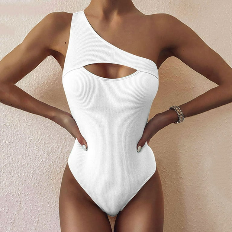 ZAFUL Ribbed Scalloped Push Up One-piece Swimsuit Tummy Control Swimwear In  WHITE
