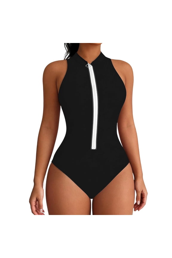 Women's One Piece Swimsuit Tummy Control Hollowed Out Bathing Suit Deep V Neck Open Back Solid Color Swimwear Black L