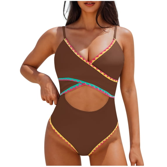 Ecqkame Women's One Piece Swimsuit Tummy Control Ruffle Bathing Suit V Neck Ruched Cutout Beach Vacation Swimwear Brown M