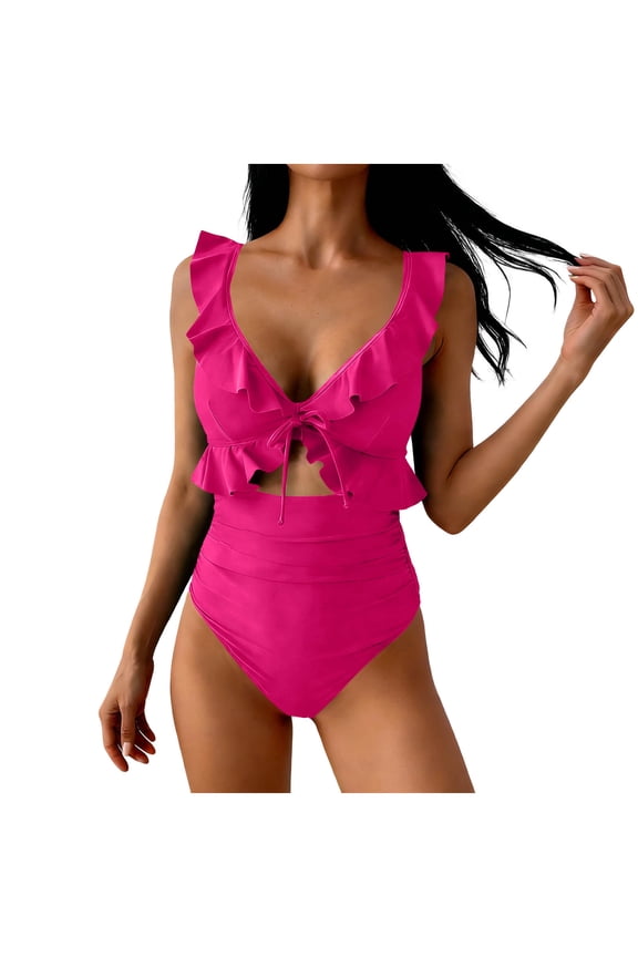 Women's One Piece Swimsuit Tummy Control Ruffle Bathing Suit V Neck Ruched Cutout Beach Vacation Swimwear Hot Pink XXL