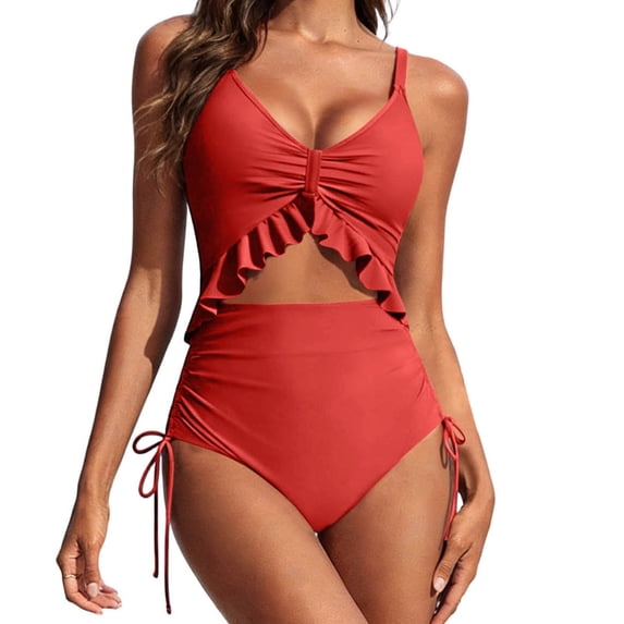 Ecqkame Women's One Piece Swimsuit Tummy Control Ruffle Bathing Suit V Neck Ruched Cutout Beach Vacation Swimwear Red M