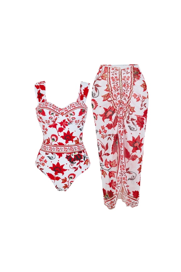 Women's One Shoulder Swimsuits Two-Piece Tummy Control Beach Vacation Bathing Suits Vintage Floral Print with Sarong Wrap Skirt Red XL