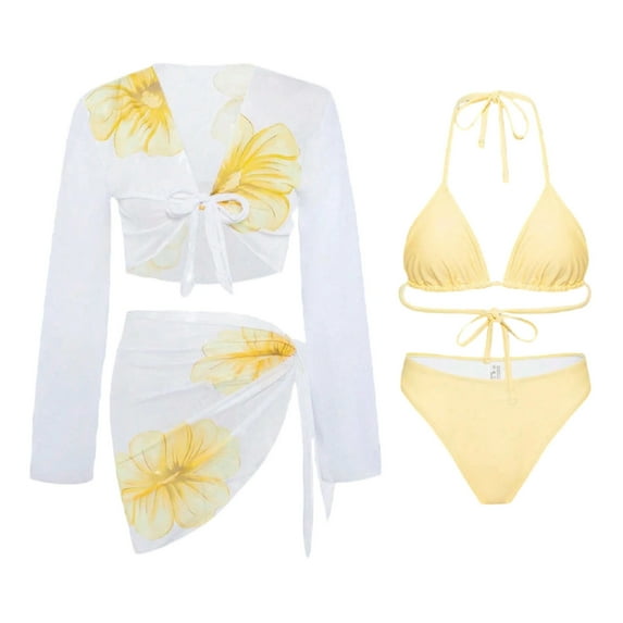 Ecqkame Women's One Shoulder Swimsuits Two-Piece Tummy Control Beach Vacation Bathing Suits Vintage Floral Print with Sarong Wrap Skirt Yellow M
