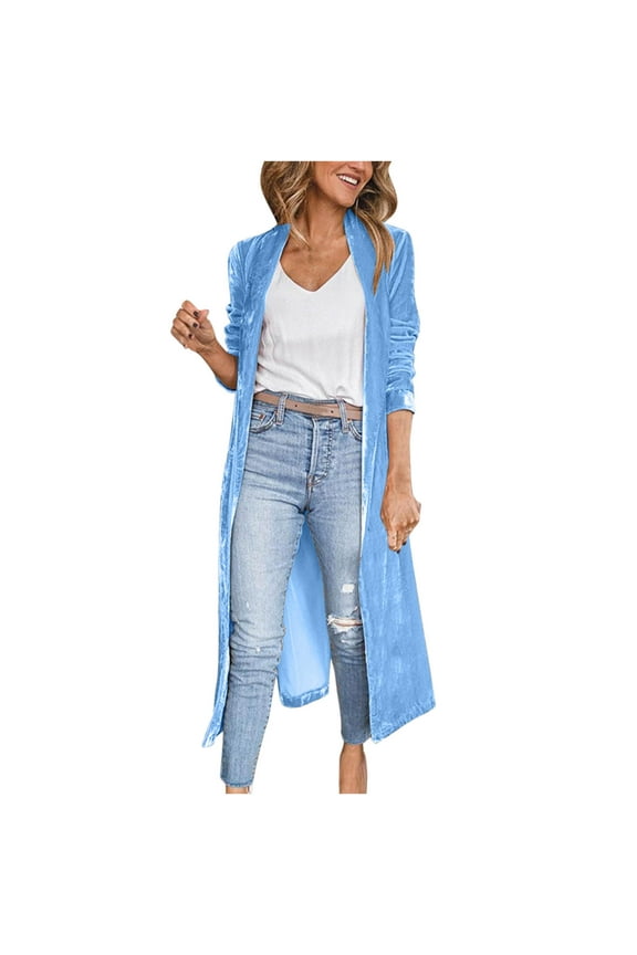 Women's Open Front Cardigan Shirt Casual Solid Color Long Sleeve Mid-Length Split Fork Blouse Fall Jackets Coat with Pockets Blue L
