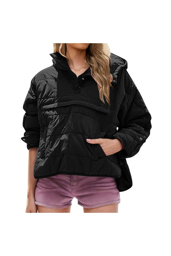 Women's Oversized Hooded Puffer Sweatshirt Quilted Lightweight Winter Warm Pullover Padded Coat Long Sleeve Solid Color Jacket Black L