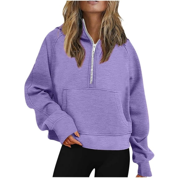 Ecqkame Women's Oversized Sweatshirts Half Zip Pullover Long Sleeve Loose Hoodies with Pocket Purple S