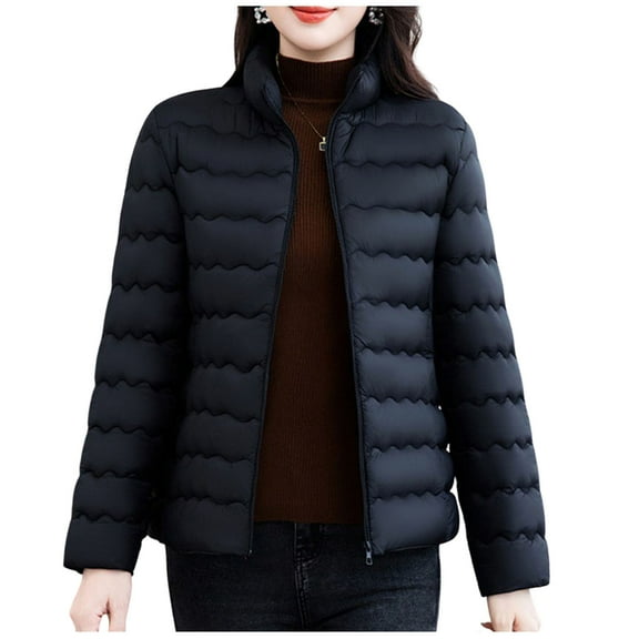 Ecqkame Women's Padded Jackets Solid Color Full Zip Turndown Collar Jacket Winter Thickened Warm Long Sleeved Outerwear Coats Black XXXL