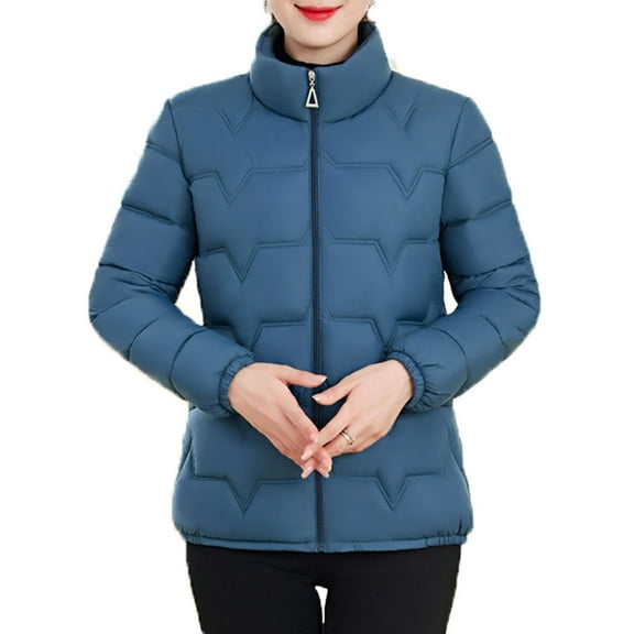 Ecqkame Women's Padded Jackets Solid Color Full Zip Turndown Collar Jacket Winter Thickened Warm Long Sleeved Outerwear Coats Blue XL