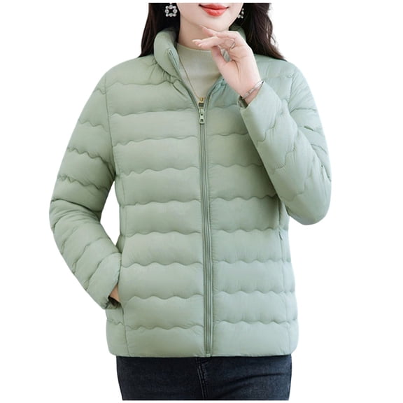 Ecqkame Women's Padded Jackets Solid Color Full Zip Turndown Collar Jacket Winter Thickened Warm Long Sleeved Outerwear Coats Green XXXXXL