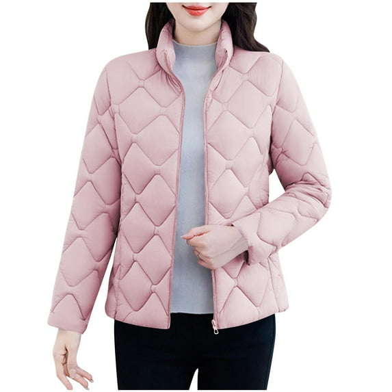 Ecqkame Women's Padded Jackets Solid Color Full Zip Turndown Collar Jacket Winter Thickened Warm Long Sleeved Outerwear Coats Pink XXXL
