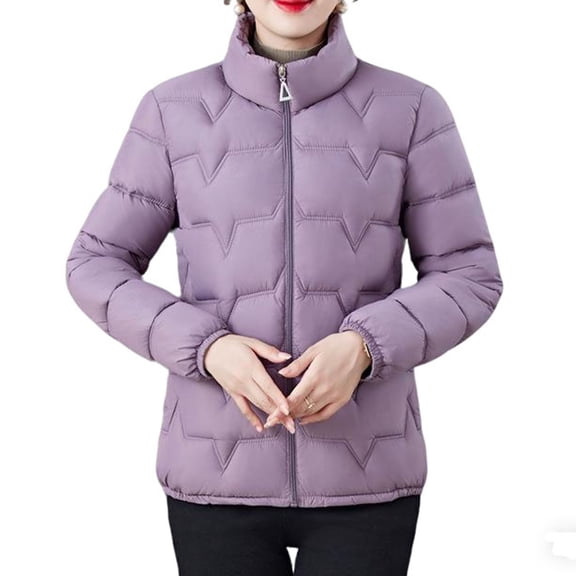 Ecqkame Women's Padded Jackets Solid Color Full Zip Turndown Collar Jacket Winter Thickened Warm Long Sleeved Outerwear Coats Purple XXXL
