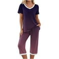 thumbnail image 1 of Ecqkame Women's Pajama SetShort Sleeve V Neck Top with Capri Pants with Pockets Casual Sleepwear Pjs Loungewear Sets Red M, 1 of 8