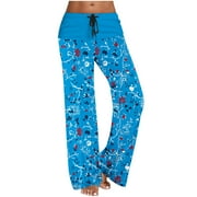 Ecqkame Women's Pants Loose Casual Printed Summer Workout Drawstring Elastic Waisted Comfortable Pants Women Pants Blue M on Clearance