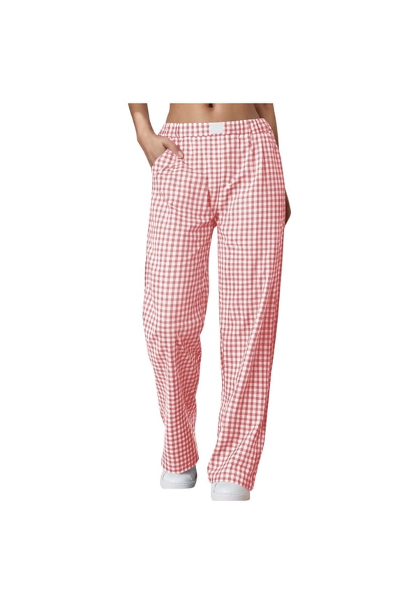 Women's Plaid Pants Casual High Waist Straight Leg Elastic Waist Pants Loose Flowy Trousers with Pockets 01-Pink L
