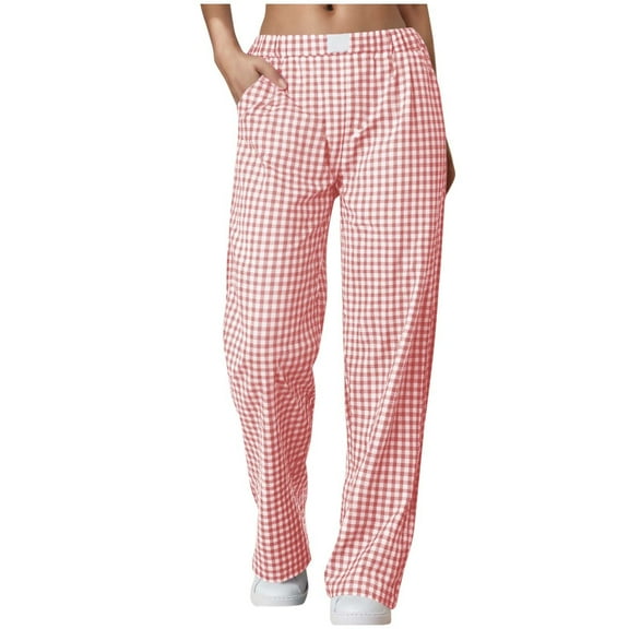 Ecqkame Women's Plaid Pants Casual High Waist Straight Leg Elastic Waist Pants Loose Flowy Trousers with Pockets 01-Pink L