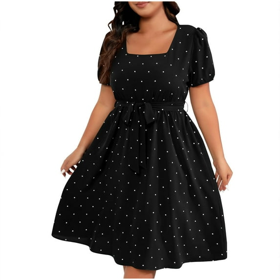 Ecqkame Women's Plus Size Dresses Elegant Vintage Polka Dots Print Tie Front Square Neck Flowy Hem Midi Dress Black L