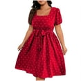 thumbnail image 1 of Ecqkame Women's Plus Size Dresses Elegant Vintage Polka Dots Print Tie Front Square Neck Flowy Hem Midi Dress Red XL, 1 of 5