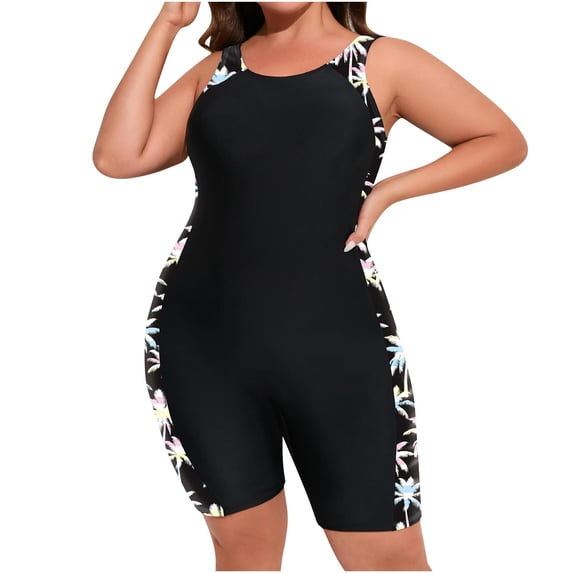 Ecqkame Women's Plus Size One Piece Swimsuit Printed Patchwork Tummy ...