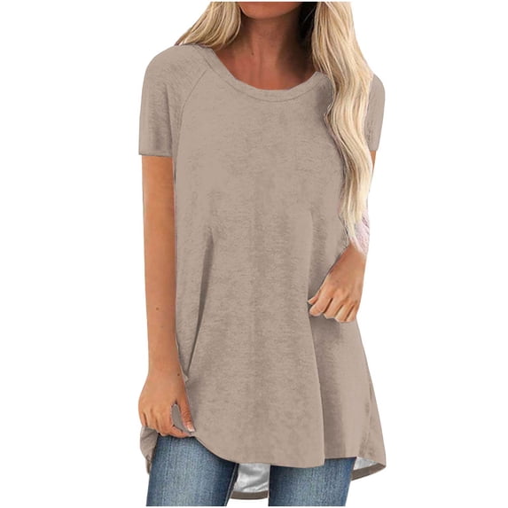 Ecqkame Women's Plus Size Short Sleeve Tunic Tops Loose Solid Color Round Neck Casual Shirt Blouse Khaki B M