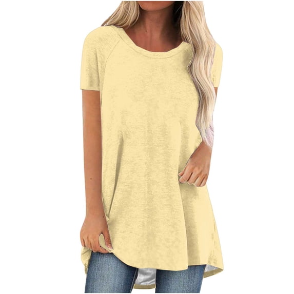 Ecqkame Women's Plus Size Short Sleeve Tunic Tops Loose Solid Color Round Neck Casual Shirt Blouse Yellow XL