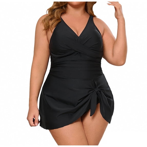 Ecqkame Women's Plus Size Tankini Swimsuits Set Tummy Control Solid Color Two Piece Bathing Suits Ruffle Flowy Swim Dress Black XL