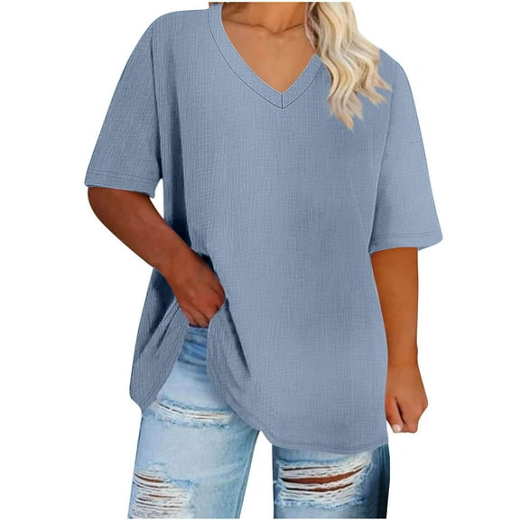 Ecqkame Women's Plus Size Tops Short Sleeve Crew Neck Loose T-Shirt Comfy Casual Basic Summer Solid Color Tops 01-Light Blue XXXXL