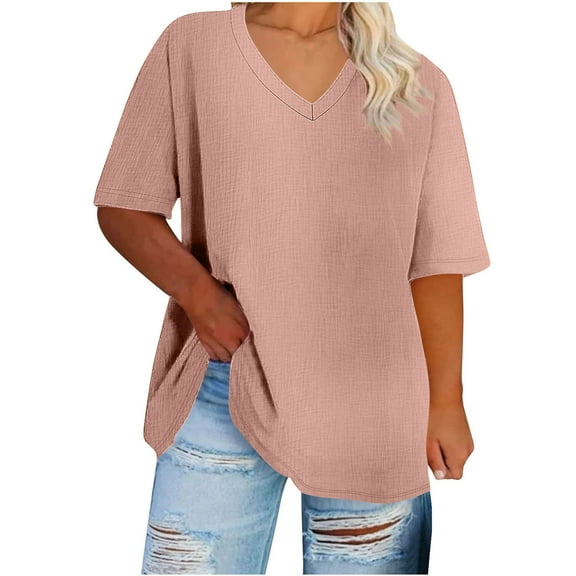 Ecqkame Women's Plus Size Tops Short Sleeve Crew Neck Loose T-Shirt Comfy Casual Basic Summer Solid Color Tops 01-Pink XL