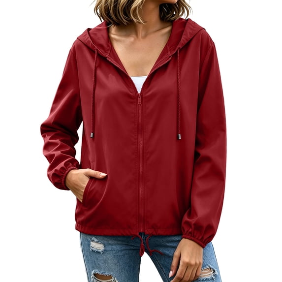Ecqkame Women's Rain Jacket Long Sleeve Zip Up Hooded Windproof Waterproof Outdoor Hiking Coats Casual Lightweight Windbreaker Wine M