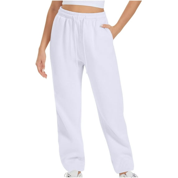 Ecqkame Women's Running Pants Casual Workout Sweatpants Trousers Comfy Lounge Solid Color Long Pants with Pockets White XXXL