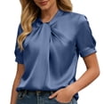 thumbnail image 1 of Ecqkame Women's Satin Shirts Elegant Bow Tie Neck Short Sleeve Casual Loose Blouse Business Office Trendy Wrinkle Free Tops Blue XXL, 1 of 7