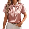 thumbnail image 1 of Ecqkame Women's Satin Shirts Elegant Bow Tie Neck Short Sleeve Casual Loose Blouse Business Office Trendy Wrinkle Free Tops Pink L, 1 of 6