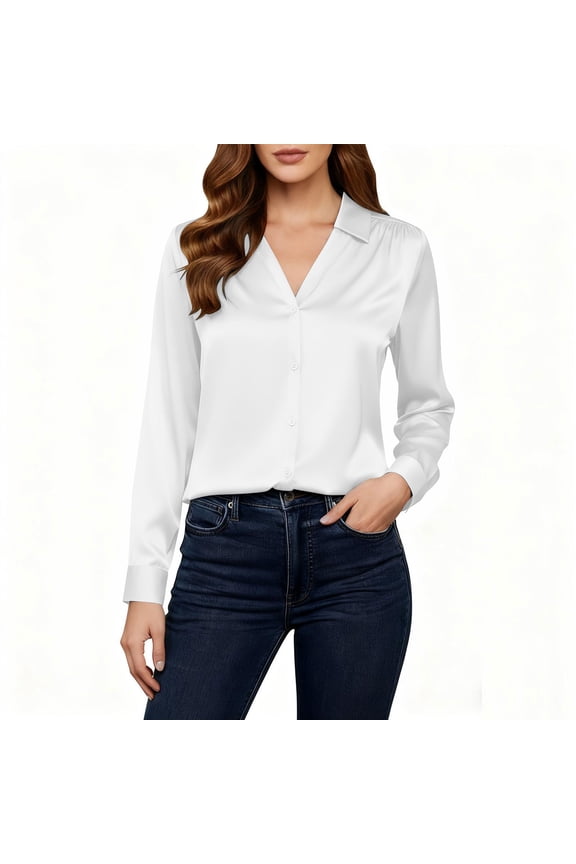 Women's Satin Silk Blouses Dressy Solid Color Temperament Shirts V-Neck Pleated Long Sleeve Elegant Tops White M