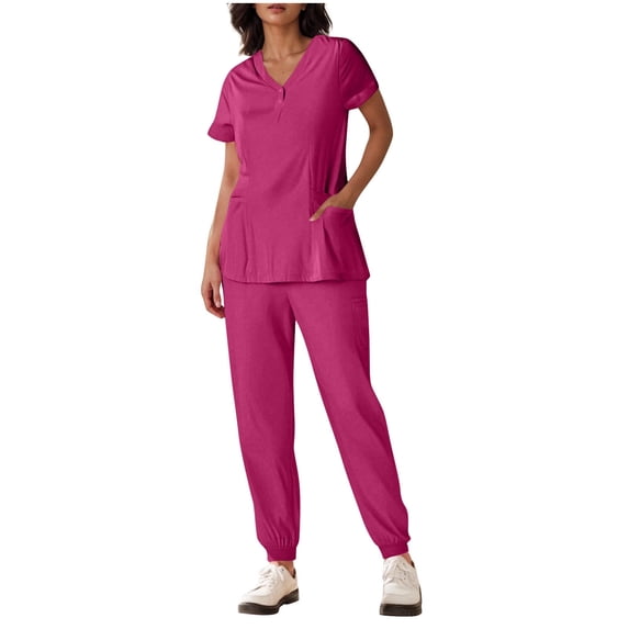 Ecqkame Womens Two Piece Sets V-Neck Top and Tapered Leg Jogger Pants with Button Medical Nursing Uniforms Set Hot Pink L