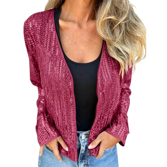 Ecqkame Women's Sequin Cardigan Open Front Long Sleeve Fully Lined Crew Neck Sparkly Casual Trendy Party Evening Outerwear Hot Pink XXL
