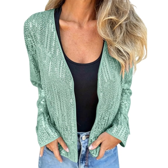 Ecqkame Women's Sequin Cardigan Open Front Long Sleeve Fully Lined Crew Neck Sparkly Casual Trendy Party Evening Outerwear Mint Green XL