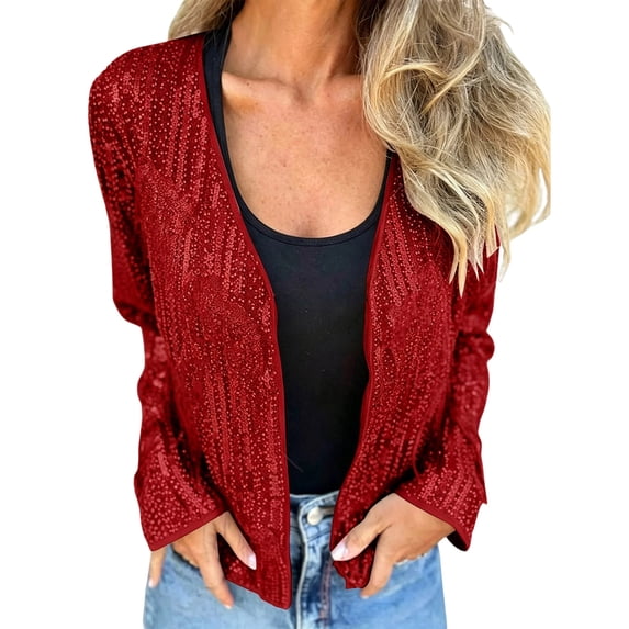 Ecqkame Women's Sequin Cardigan Open Front Long Sleeve Fully Lined Crew Neck Sparkly Casual Trendy Party Evening Outerwear Red S